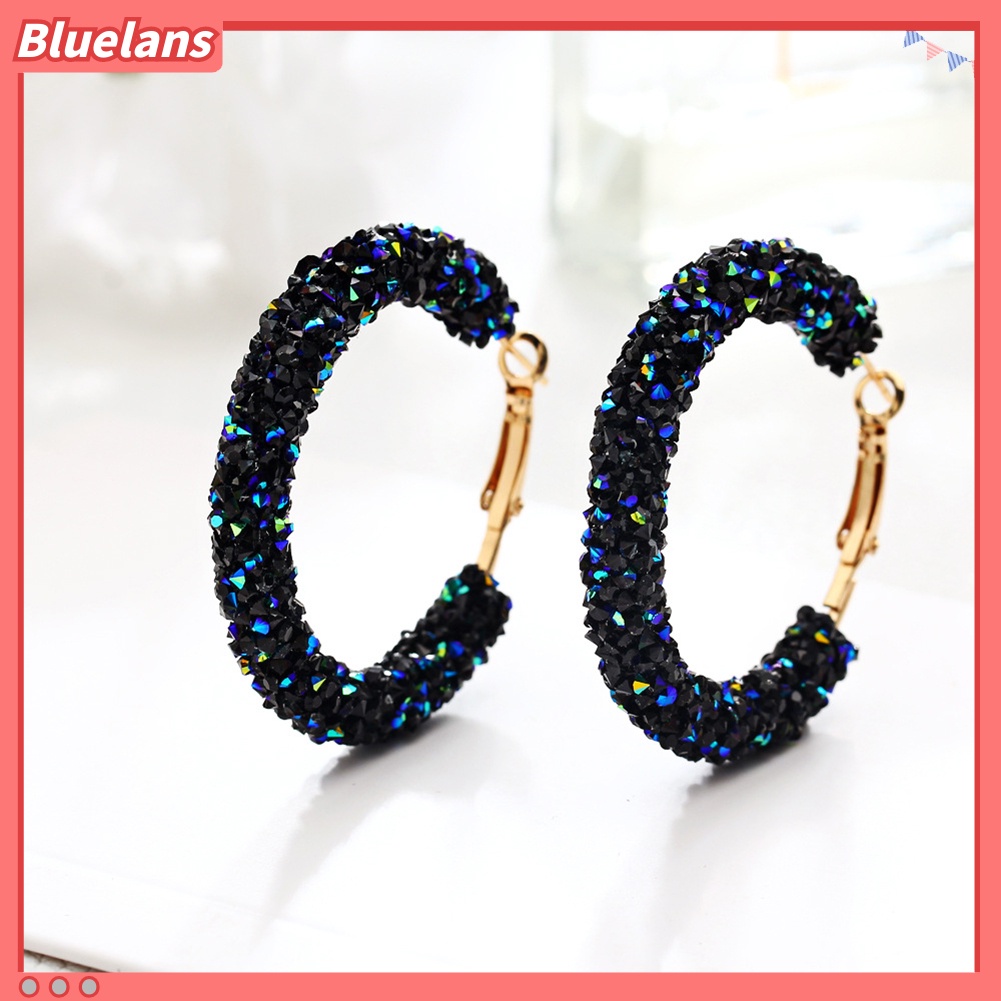 Bluelans Anting Hoop Berlian Imitasi Bentuk Bulat Besar Geometris Untuk Wanita