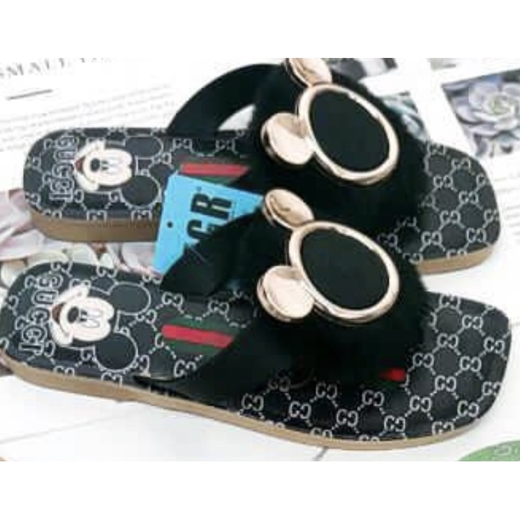 Sandal Jepit Wanita Bulu Kepala Mickey halus Empuk Cantik Lucu Premium MGR Mokaya Balance (2109) / Size 36-40