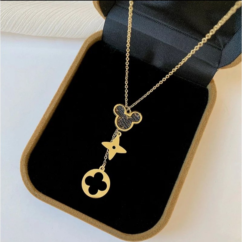 Kalung Titanium L* Kulit Sintetis Mickey Tersedia Warna Rose Gold dan Gold