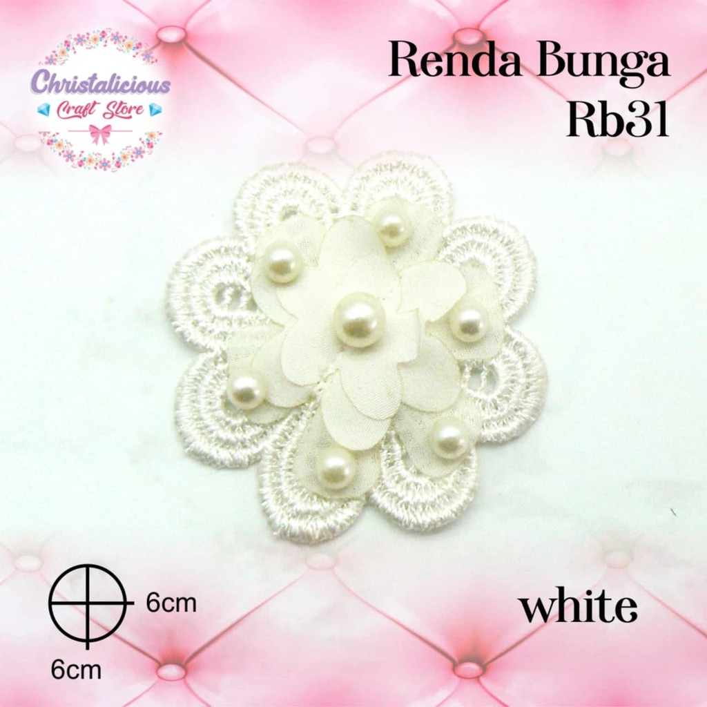 Aplikasi renda bunga putih RB 31 untuk aplikasi pada baju, masker, topi, tas