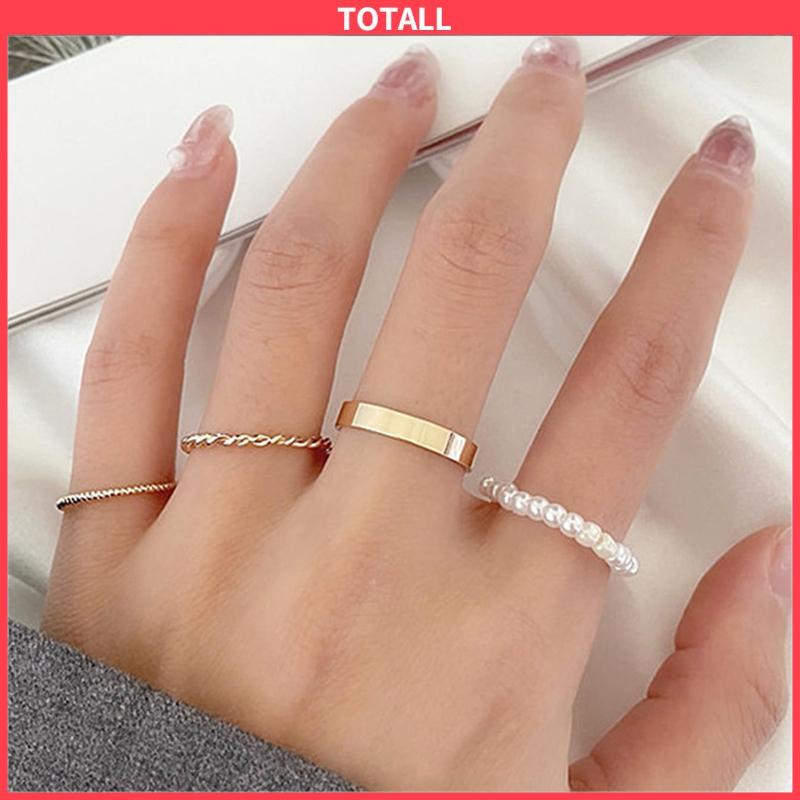 COD Korea Wanita Mutiara Cincin Wanita Emas Cincin Logam Set Fashion Perhiasan Aksesoris-Totall