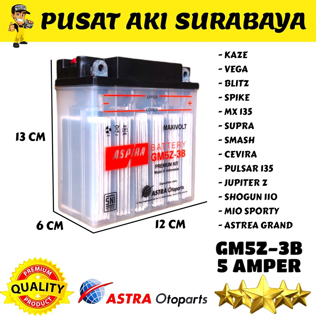 ORIGINAL AKI BASAH ASPIRA GM5Z-3B MOTOR KAZE BLITZ SPIKE LEGENDA GRAND PRIMA TITAN SUPRA SMASH JUPITER BURHAN BURUNG HANTU