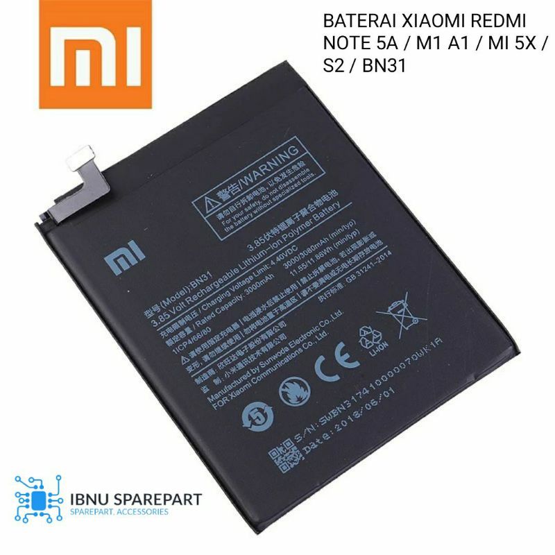 BATERAI BATRE BATTERY XIAOMI REDMI NOTE 5A BN31 / Mi 5X / Mi A1 / NOTE 5 PRIME / REDMI S2