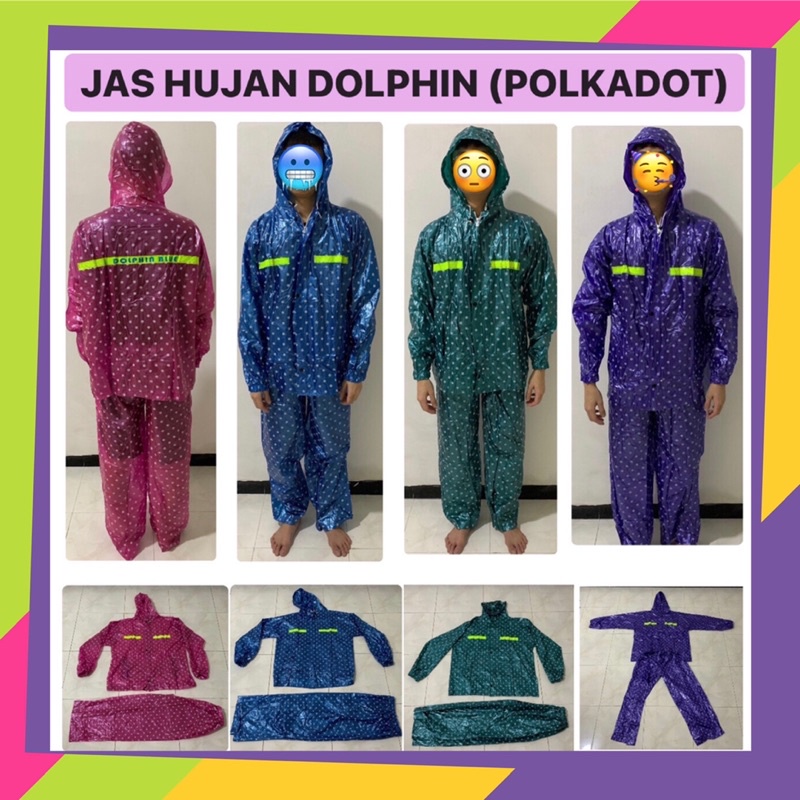 Jas Hujan Polkadot Dewasa Setelan Dolphin Wanita Pria Tebal Baju Mantel Ujan Plastik Murah Jumbo Ker