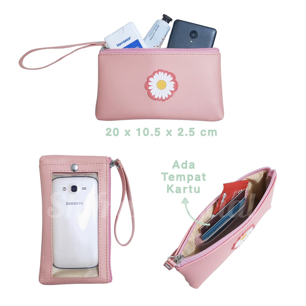 Shifra Tempat HP Mika Pouch Kosmetik Dengan Tempat Kartu Motif Bunga Daisy Black Pink