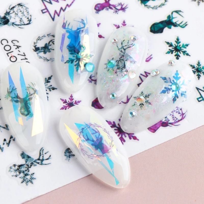 (1 Lembar) Stiker Kuku 3d Motif Snowflake / Rusa / Pohon Natal Untuk Nail Art Diy