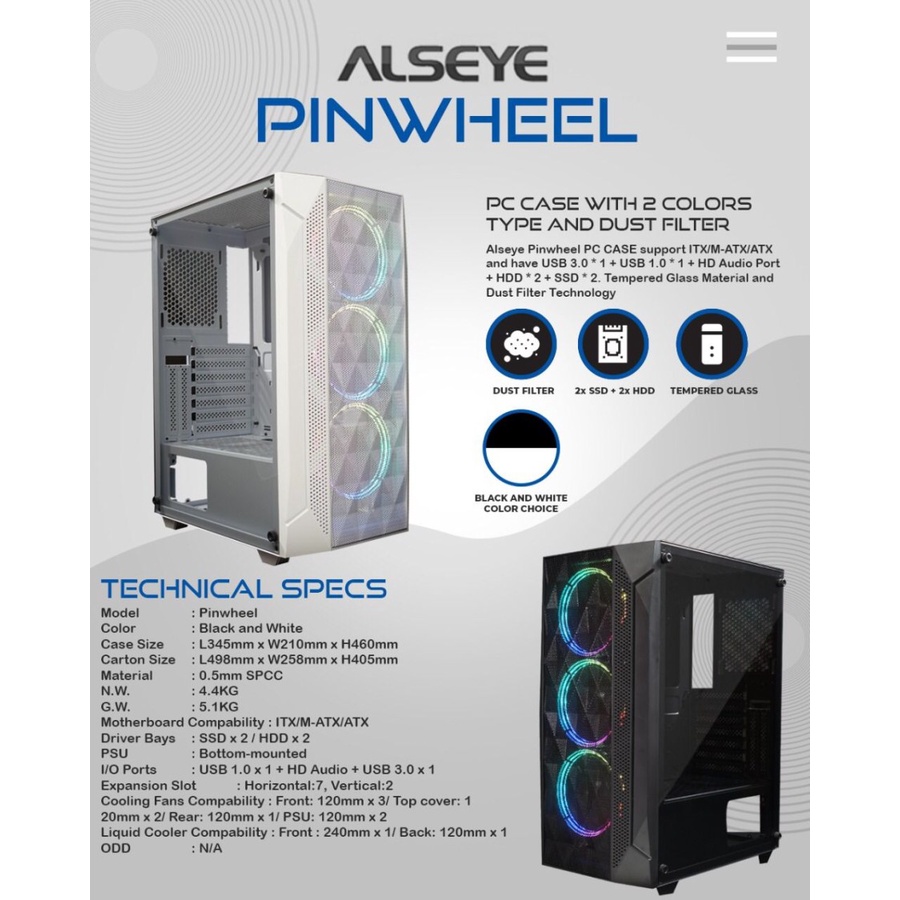 Alseye Pinwheel Casing Komputer Gaming M ATX include 3Fan RGB