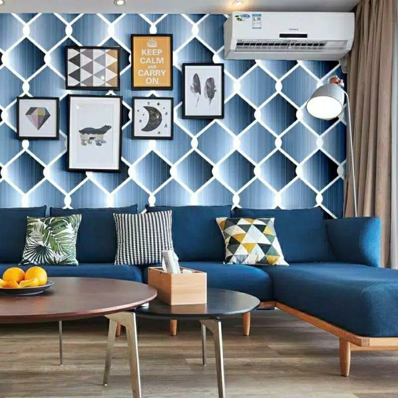 WALLPAPER DINDING MOTIF KAWAT RAJUT DASAR BIRU