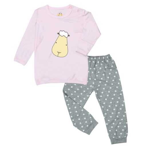 Baa Baa Sheepz Long Sleeve Shirt &amp; Pant - Big Sheep Face Pink/Polka Dot Grey | Setelan Baju Anak | Setelan Atas Bawah