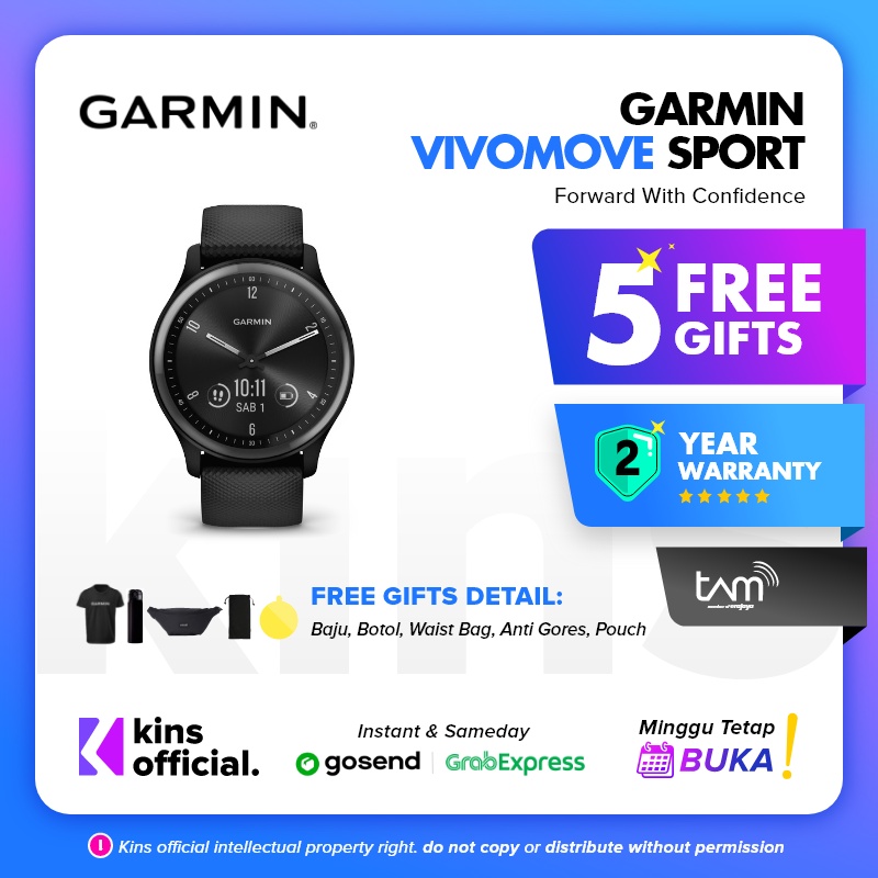 Garmin Vivomove Sport Hybrid / Vivo Move Black Garansi Resmi TAM 2 Tahun