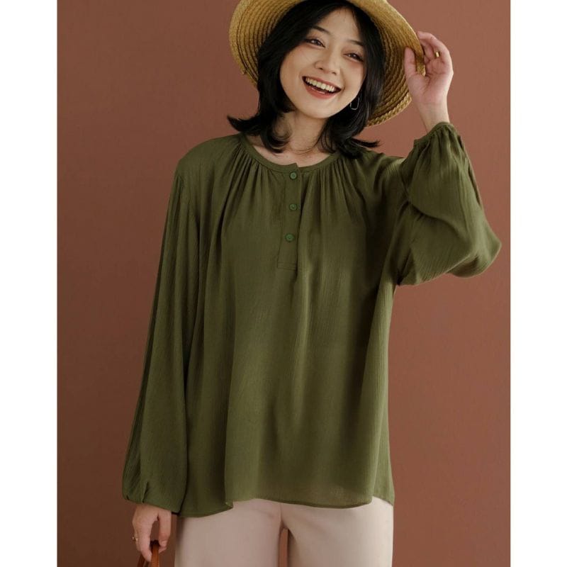 Blouse Korean Style Kerah Kerut Kancing Depan Busui Lengan Balon Bahan Crinkle Airflow Premium Quality LD 114 XL XXL OOTD Kekinian Remaja Dewasa Viral Puffy Blouse Oversize