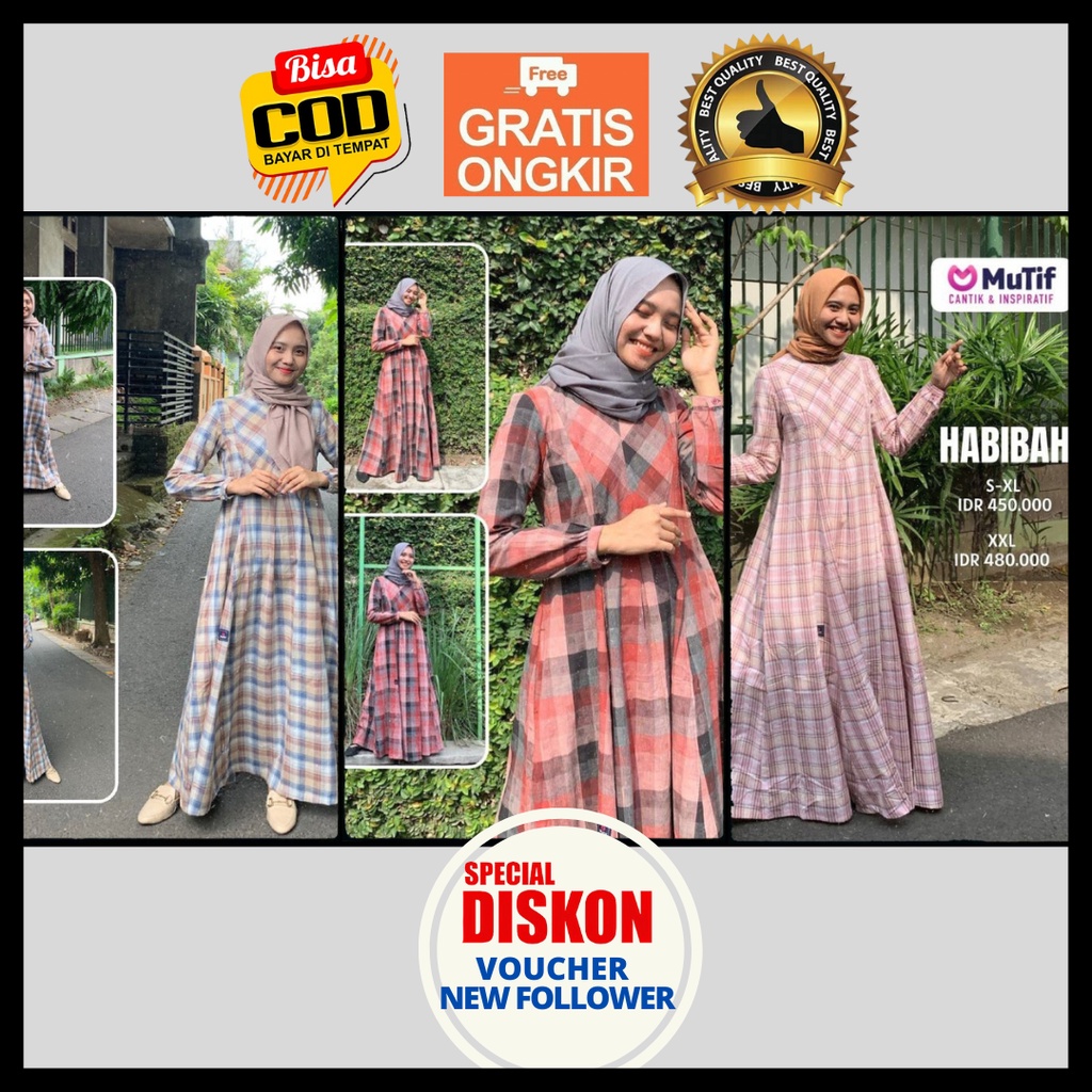 Mutif Baju Gamis Kotak Kotak Habibah Habiba Warna Coklat Biru Taupe Blue Habibah Maroon Marun Habiba