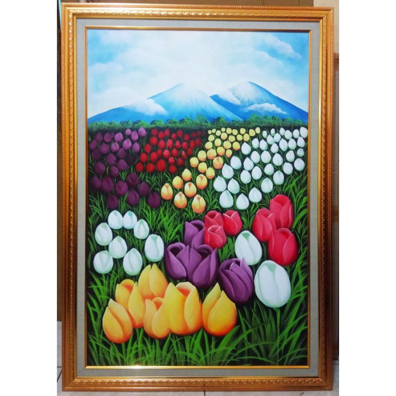 Lukisan Pemandangan Kebun Bunga Tulip Ukuran 60x80 60x90 Shopee Indonesia