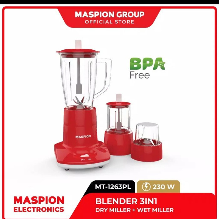 MASPION Blender Plastik 1 Liter MT 1263 PL - Wet &amp; Dry Mill 3in1 Plastik Mika - Garansi Resmi 1 Tahun