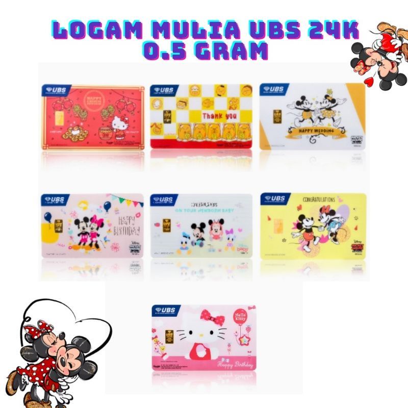 UBS Logam Mulia Disney Mickey & Minnie Mouse, Gudetama, Hello Kitty, Emoji/Smile/Emoticon Card/Kartu