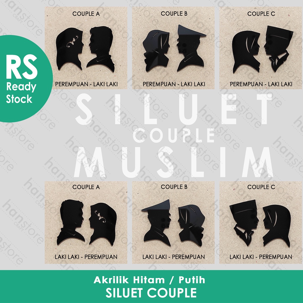 RS 4 cm Siluet Couple MUSLIM MINI /Akrilik Cermin Hitam / Putih / Dekorasi / Mahar / Seserahan