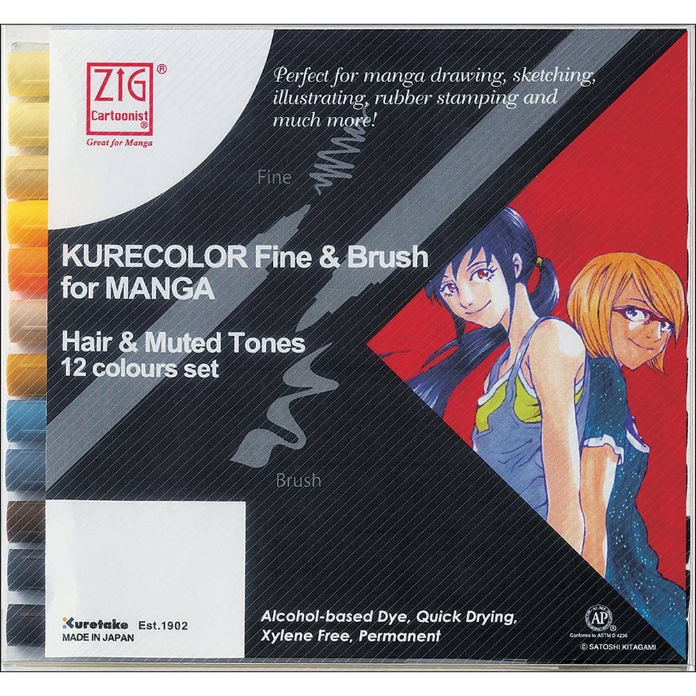 

ZIG KURETAKE KURECOLOR FINE & BRUSH FOR MANGA 12 COLOURS SET Hair & Muted Tone / ALCOHOL MARKER