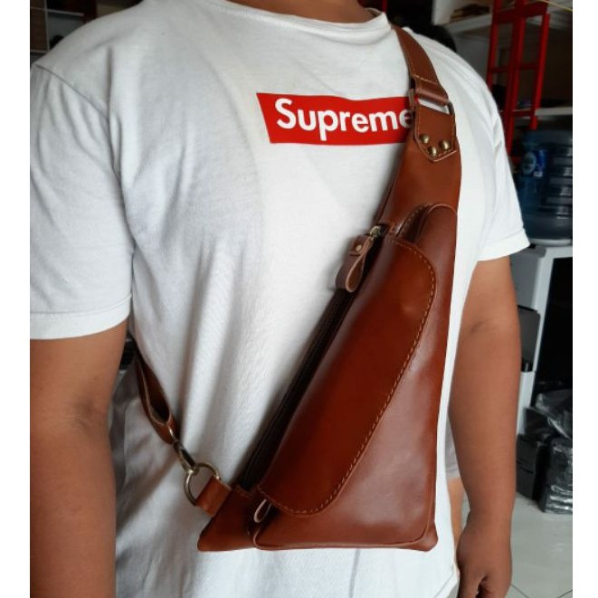 Waistbag Kulit Pria Asli Garut Papirut Model Sling Bag Warna Coklat