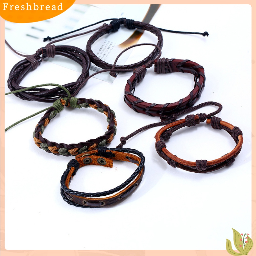 [TERLARIS]6Pcs Men Faux Leather Braided Rope Wristband Bracelet Set Vintage Jewelry Gift