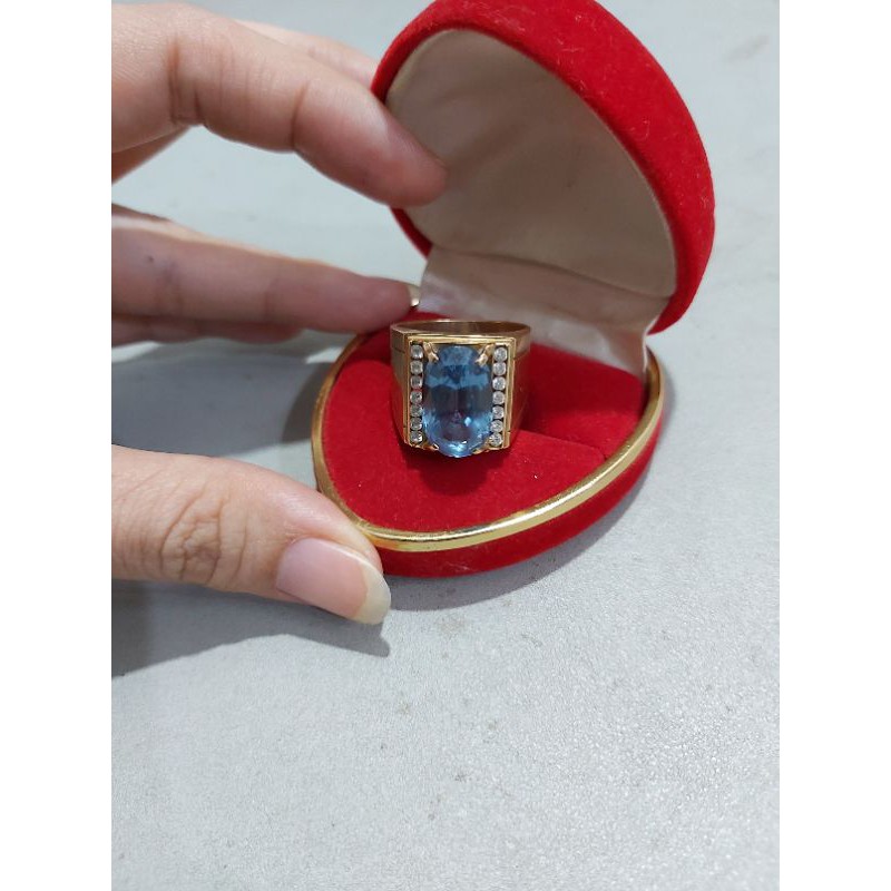 cincin emas pria dengan batu london blue topaz original
