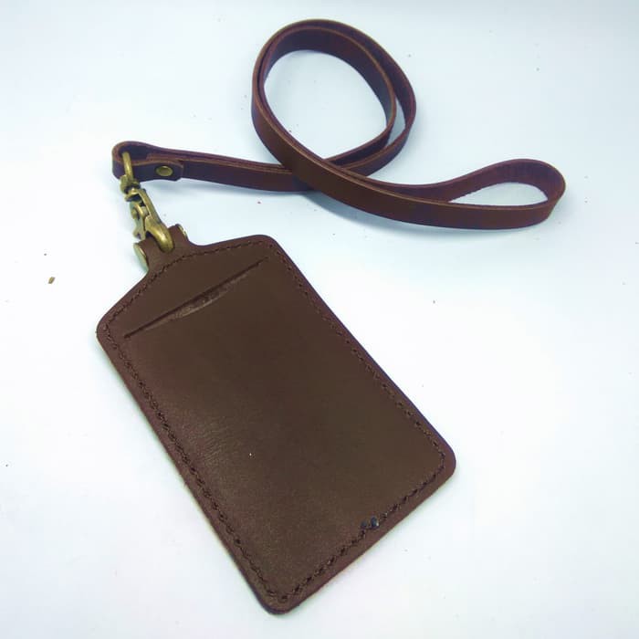 gantungan ID card kulit asli coklat - tali id card holder - PHID214