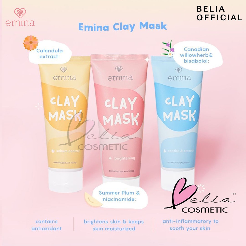 ❤ BELIA ❤ EMINA Clay Mask 60mL | masker wajah brightening sebum oil control soothe smoothe