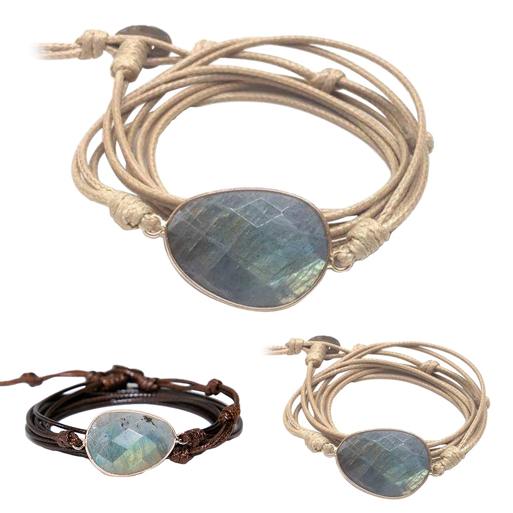 Hu Hu Hu Hu Hu Alat Bantu Pasang Kacamata♡ Gelang Tangan Tali Lilin Banyak Lapis Aksen Batu Labradorite Boho Handmade Untuk Unisexpriawanita