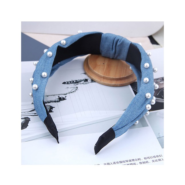 LRC Bando Fashion Navy Blue Nail Pearl Denim Fabric Knotted Headband A59302