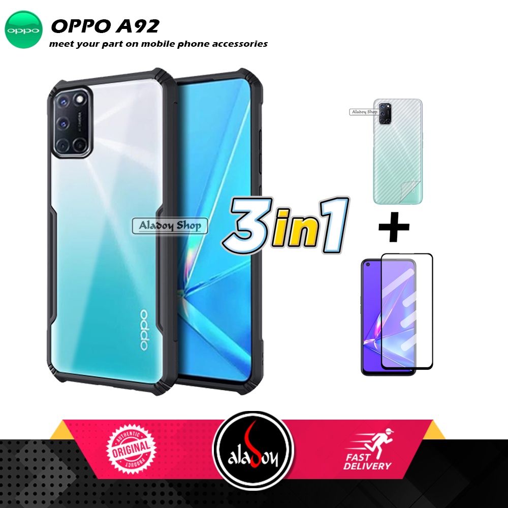 Case Oppo A92 Armor Fushion Transparent Casing + Tempered Glass Full Layar dan Skin Carbon