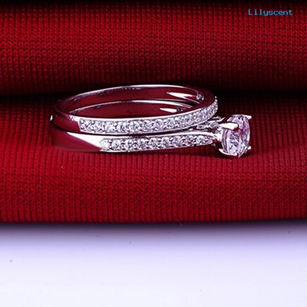 Ls 2Pcs / Set Cincin Pasangan Lapis Silver Hias Cubic Zirconia Berkilau Untuk Pernikahan