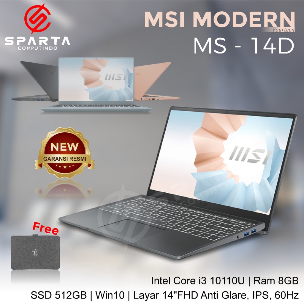 Laptop MSI Modern 14 Ms 14D Core i3 Gen10 Ram 8GB SSD 512GB 14in IPS New Garansi Resmi