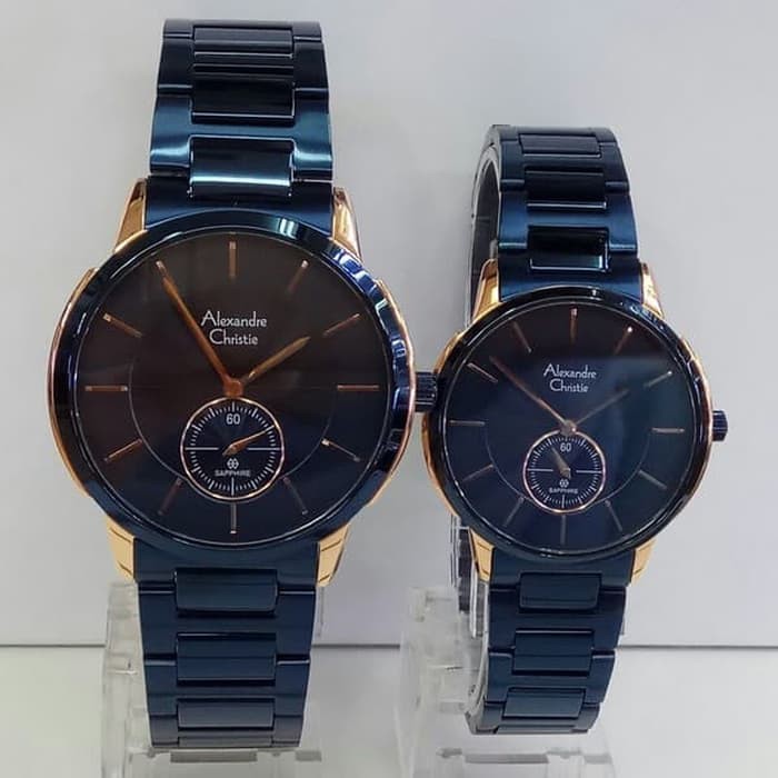 Jam tanagn couple alexandre christie AC 8546 BIRU ROSEGOLD