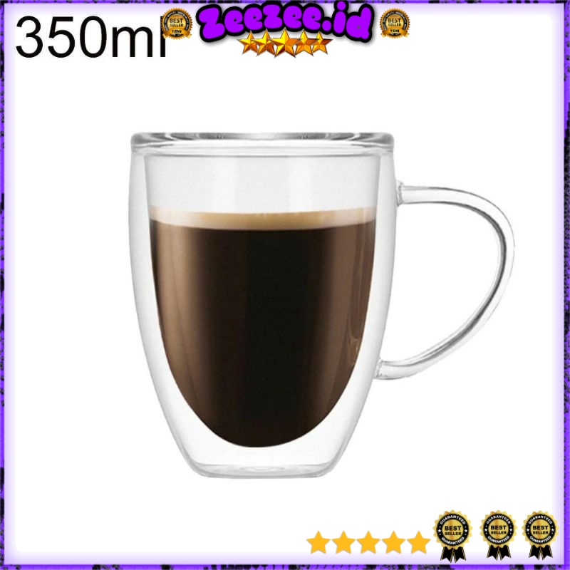 Gelas Cangkir mug Kopi Anti Panas Double-Wall Borosilicate Glass Round Series 350ml with Handle