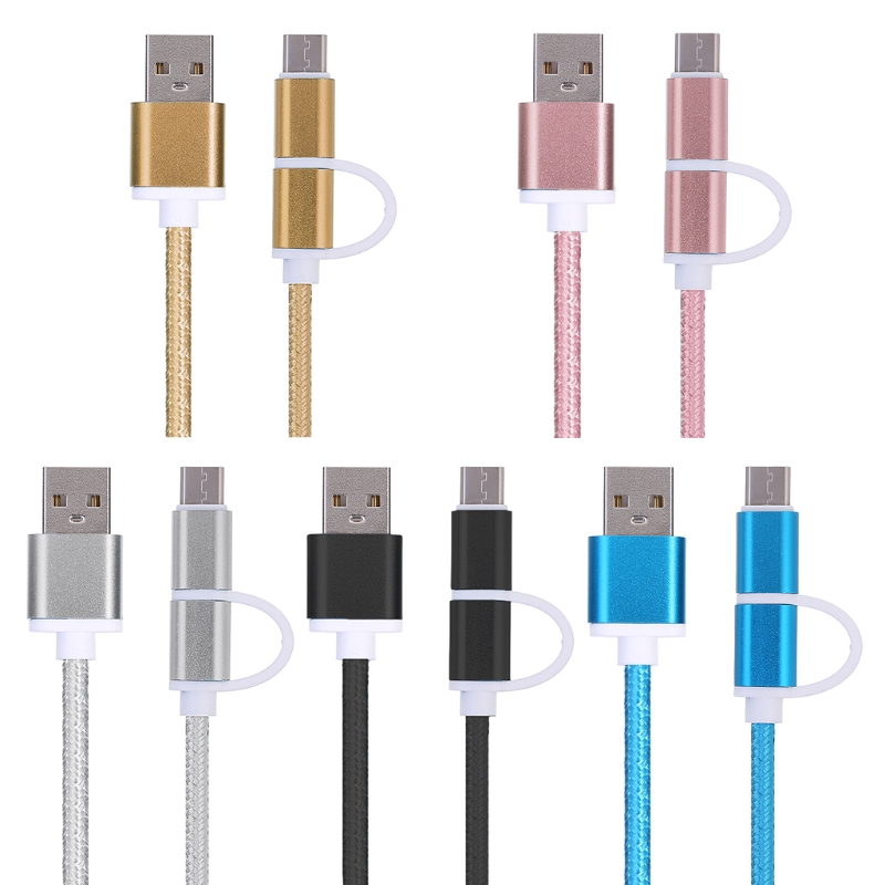 2 in 1 USB 2.0 Male To USB 3.1 Type C &amp; Micro USB Weave Data Charging Cable Fast