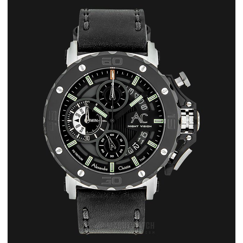 Alexandre Christie AC 9201 NM CLTBBA Night Vision Chronograph Black Dial Black Leather Strap