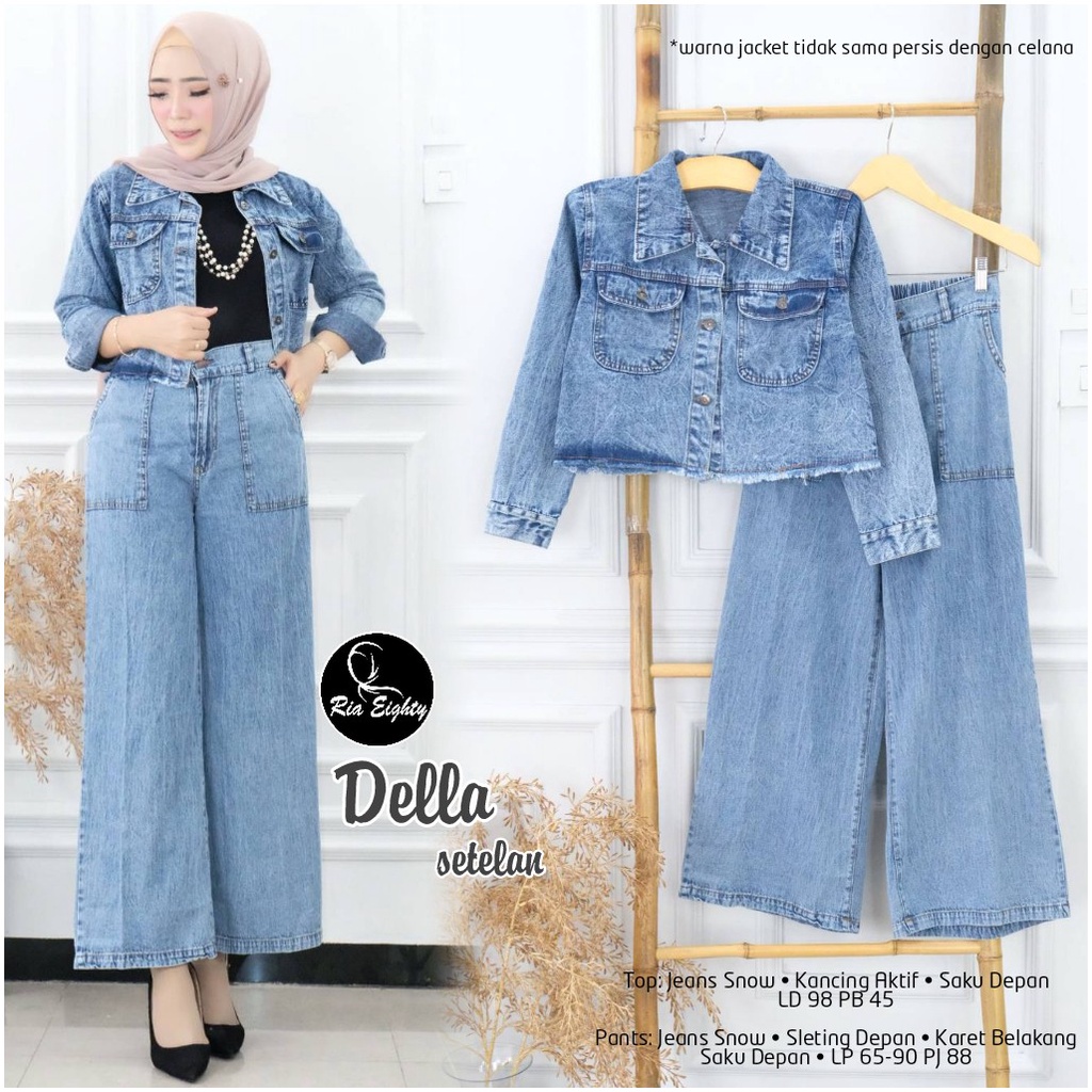 Della Set - baju dan celana muslim - gamis jeans - fashion jeans wanita - Model baru - jins - Setela