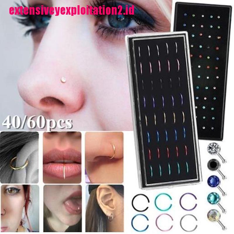 &lt; E2id &amp; &gt; 40 / 60pcs Cincin Tindik Hidung / Tubuh Bahan Baja Warna Silver