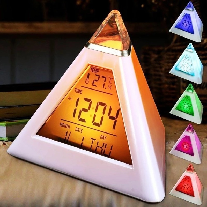 [7 LED Color Change Battery Operated Digital Alarm Clock With Night Light, Dimmer, Sleep Timer] [Electric Triangle Pyramid Clocks for Bedroom, Bedside, Desk, Table]