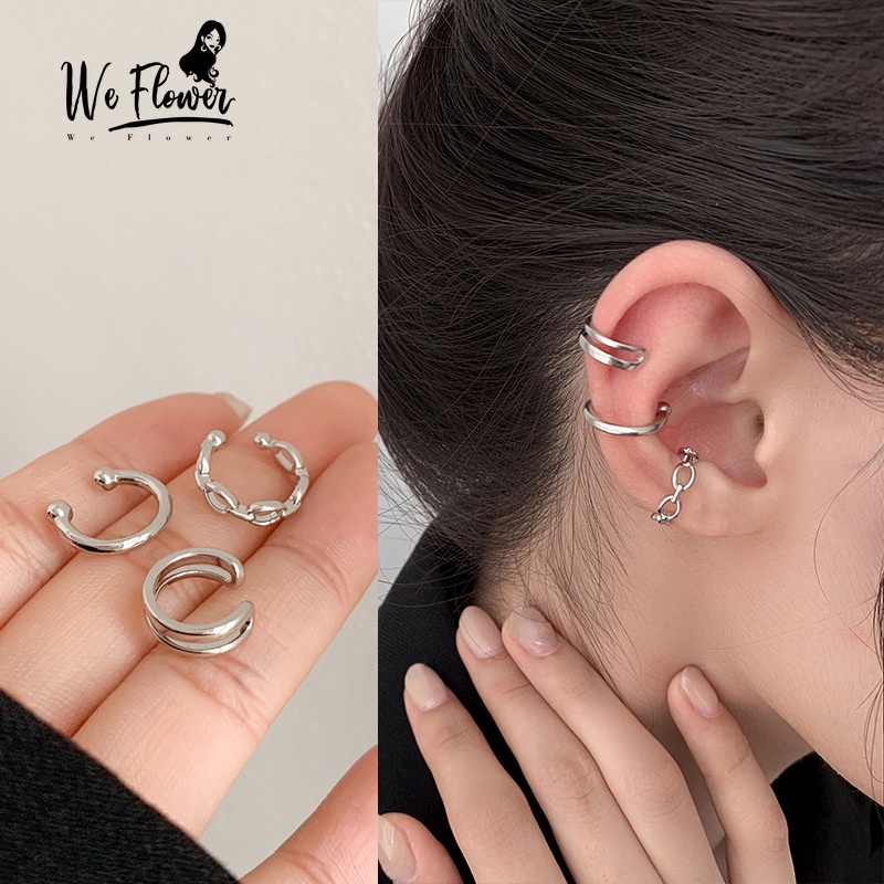 We Flower 3PCs Anting Klip Tanpa Tindik Bentuk Geometri Warna Silver Untuk Wanita