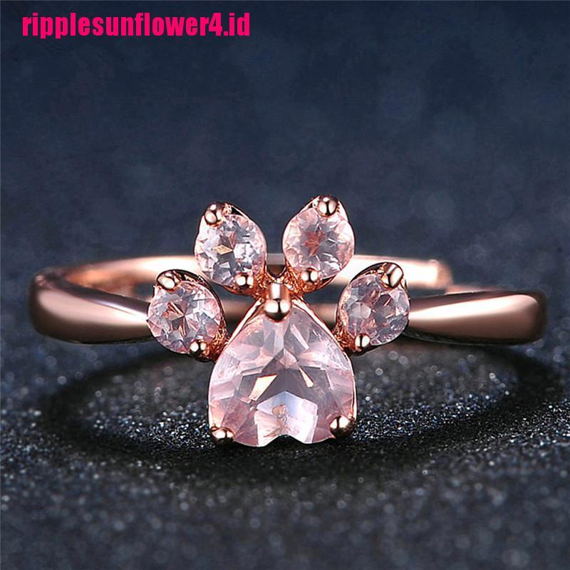 Cincin Terbuka Adjustable Model Telapak Kaki Kucing Warna Rose Gold Dengan Batu Zircon Untuk Wanita