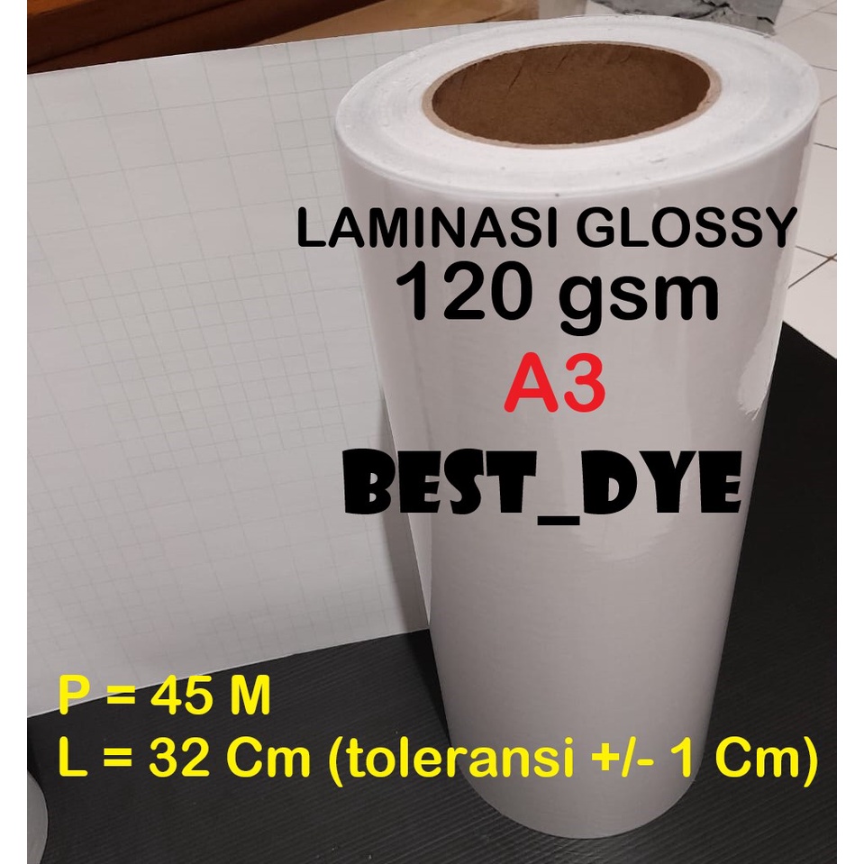 

Plastik Laminasi Dingin GLOSSY 120 GR, A3= 32 Cm x 45 M atau A3= 32 Cm x 50 M, ROLL