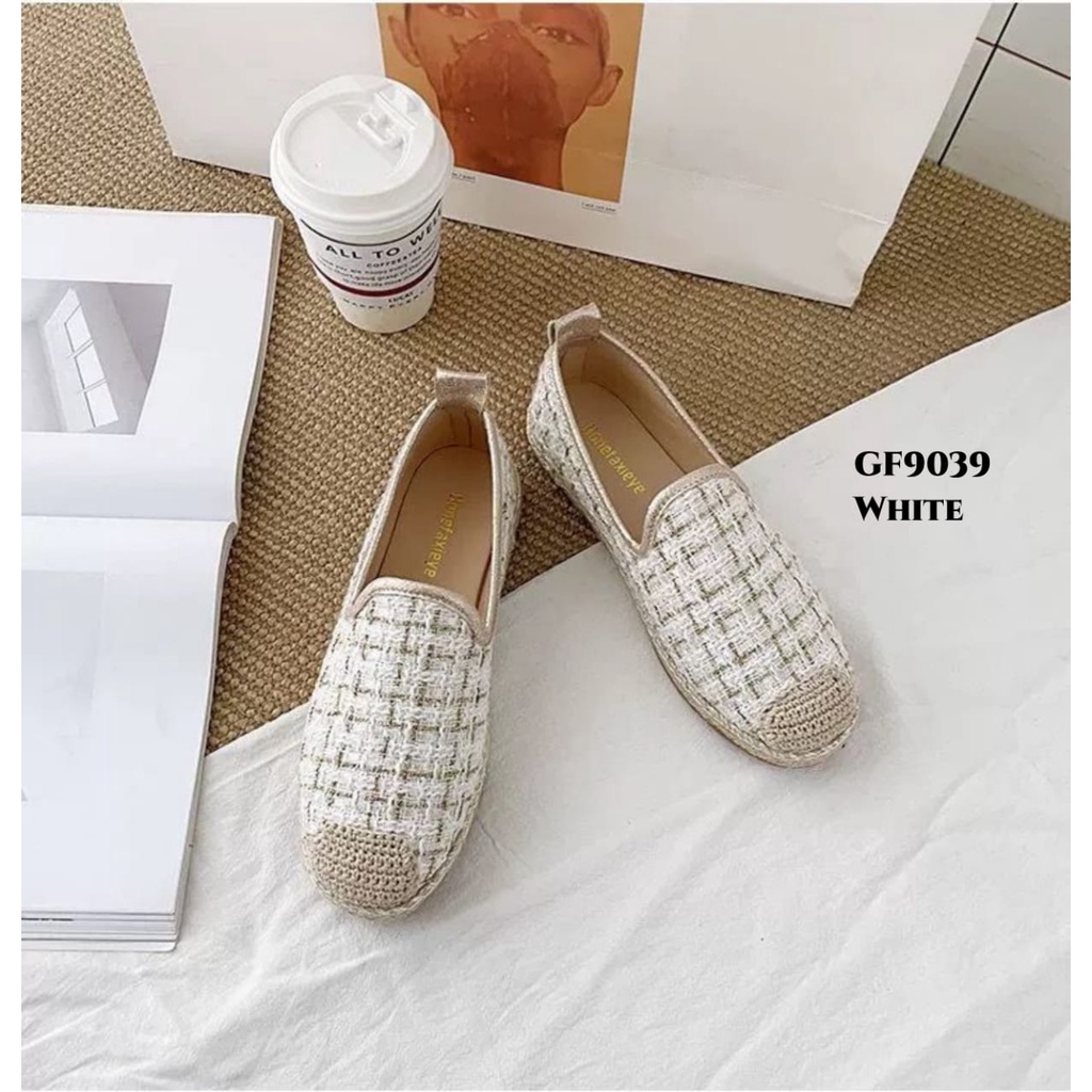 PRF Sepatu Flat shoes Linen Cloth Checkered Plaid Round GF9039