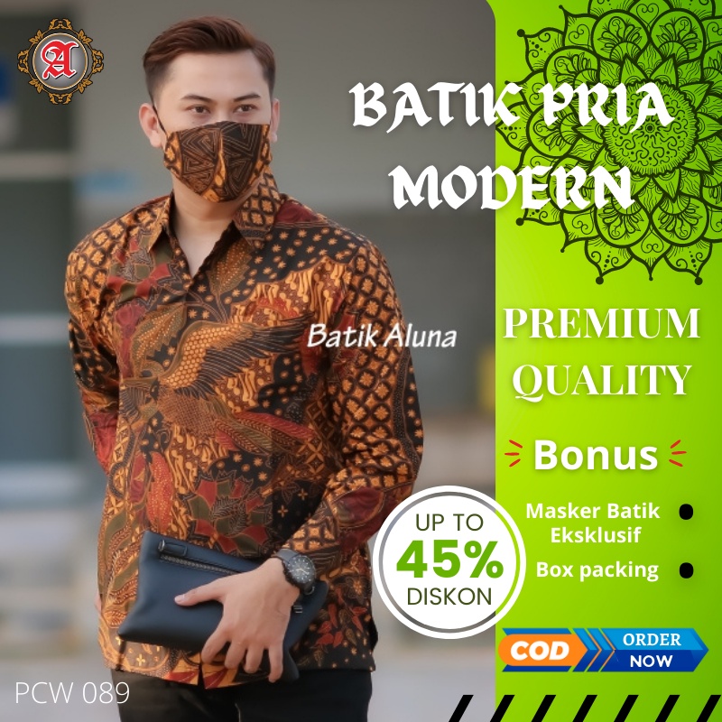 Baju Batik Pria Lengan Panjang Lapis Furing Slim fit Modern Aluna Sragen Original Kemeja Kerja Cowok