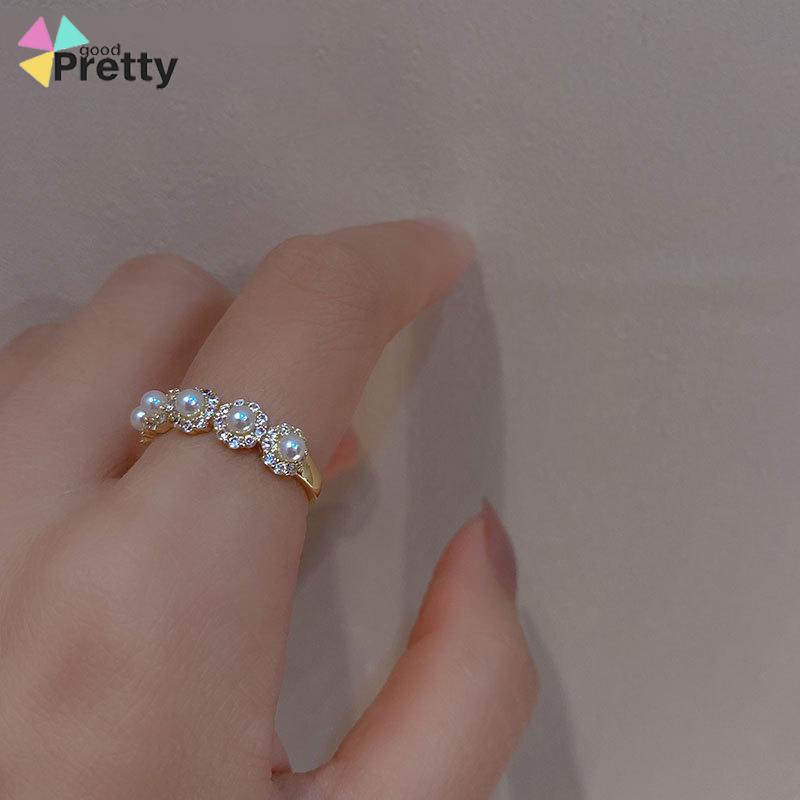 Double-layer Retro Pearl Diamond Ring Niche Light Desain Mewah Cincin Dapat Disesuaikan Terbuka - PD