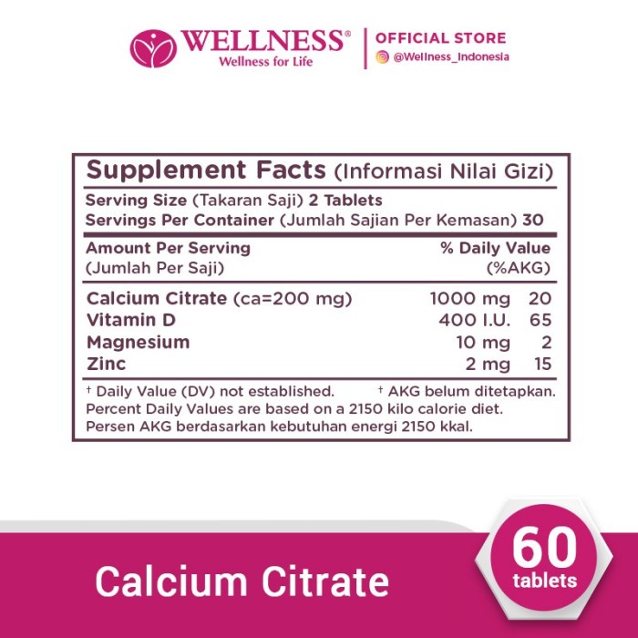 Wellness Calcium Citrate 60 Tablets