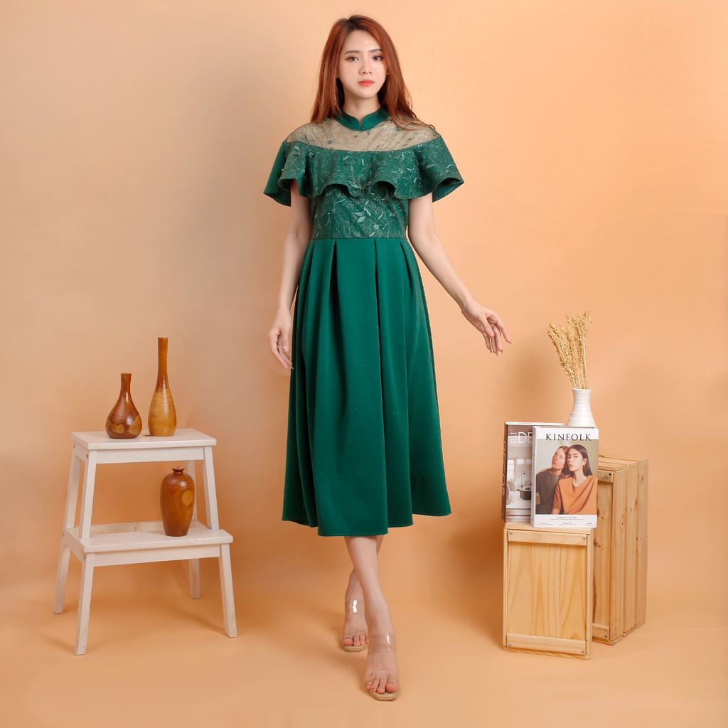 Kathryn collection #4194 , Medium dres scuba import kombinasi tile bordir gliter mutiara