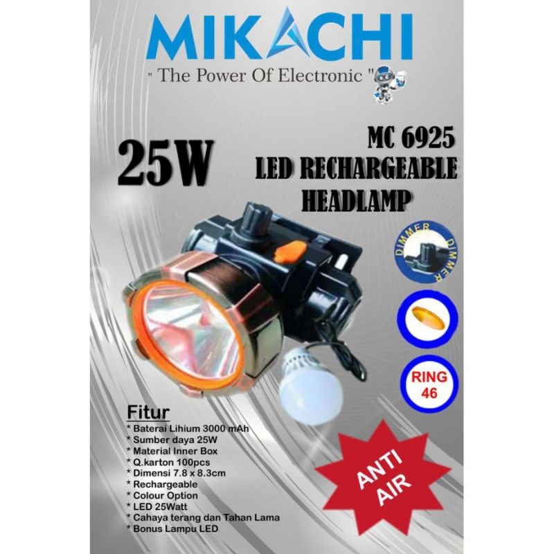 Senter Kepala Original Mikachi 25Watt 3000mah Tahan Air Bonus Lensa Kuning dan Lampu Bohlam Gratis Ongkir COD