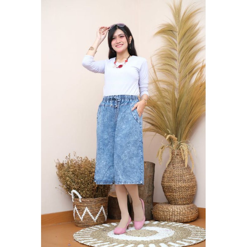 KULOT JEANS JUMBO SNOW 7/8 WANITA CANTIK PINGGANG KARET MELINGKAR