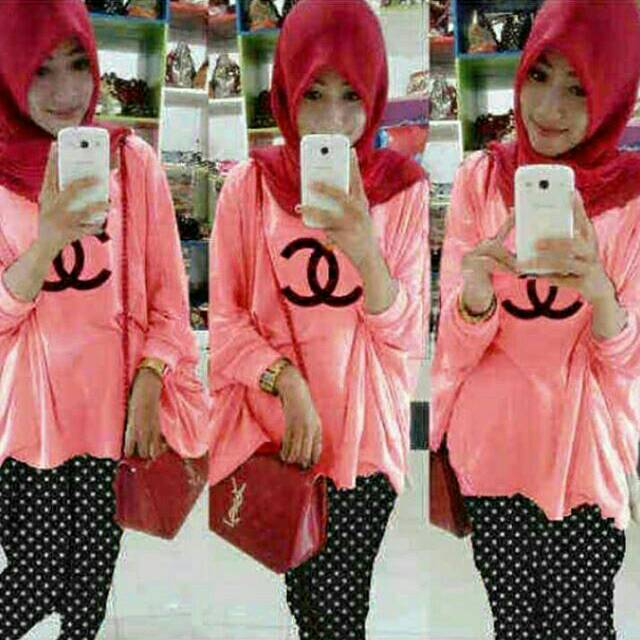 Baju stelan wanita hijab chanel peach