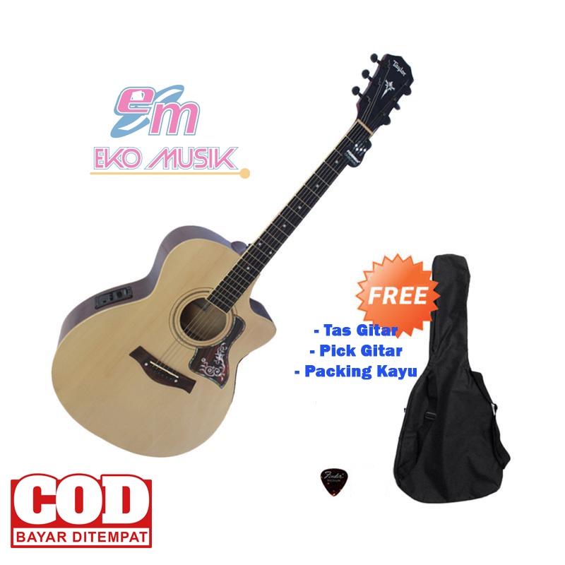 Gitar Semi Akustik Elektrik TAYLOR accoustic Electric Acoustic Guitar FREE Tas Pick Packing Kayu